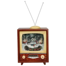 Karácsonyi Vintage TV havas tájjal, LED világítással, zenével