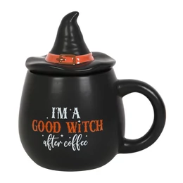 I'M A GOOD WITCH AFTER COFFEE bögre - boszorkánykalap formájú fedővel