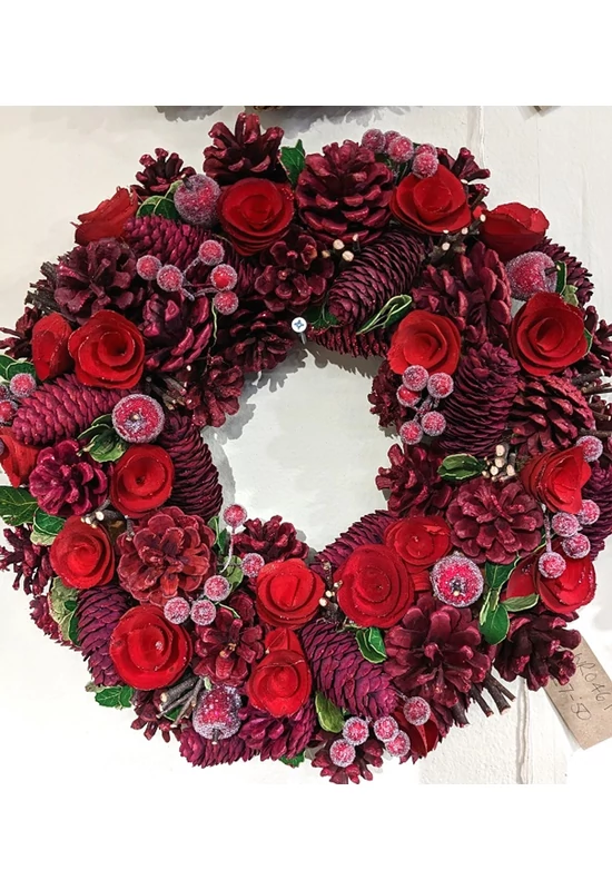Szenzációs vörös ünnepi karácsonyi koszorú, 36 cm