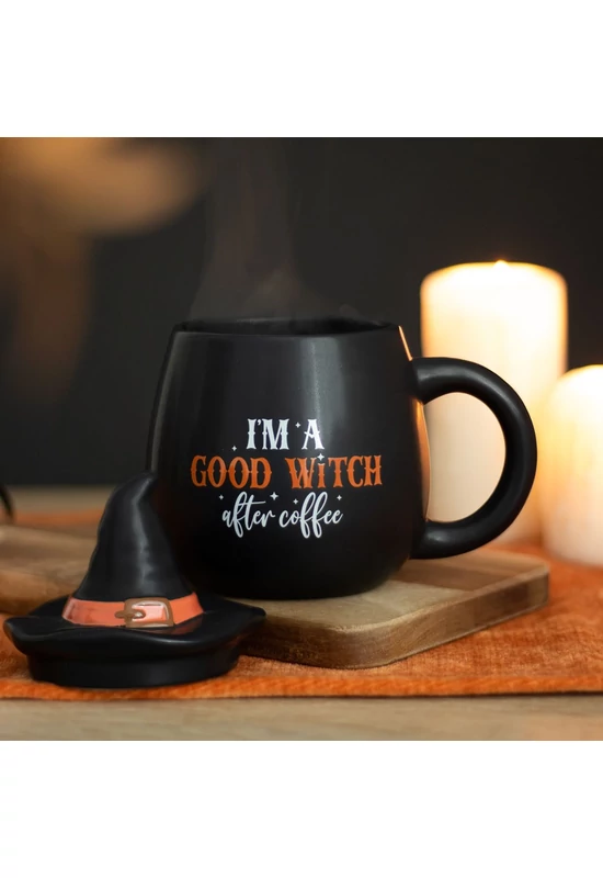 I'M A GOOD WITCH AFTER COFFEE bögre - boszorkánykalap formájú fedővel